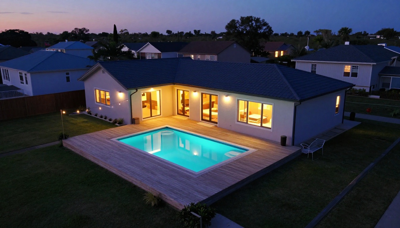 Aerial view of a ranch home with a lit swimming pool at blue hour