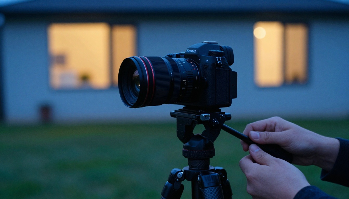 Camera on a carbon tripod in a front yard at twilight with a glowing house blurred behind it