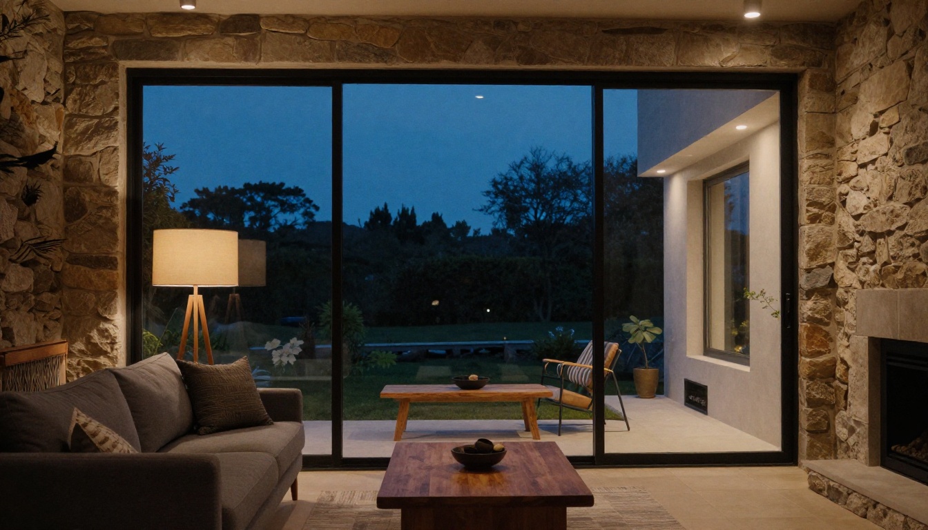 Floor-to-ceiling window on a stone home at dusk showing a lit living room with a sofa and fireplace