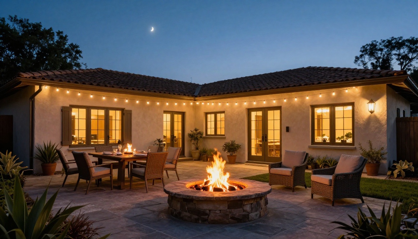 Backyard patio at twilight with string lights, a fire pit and glowing French doors