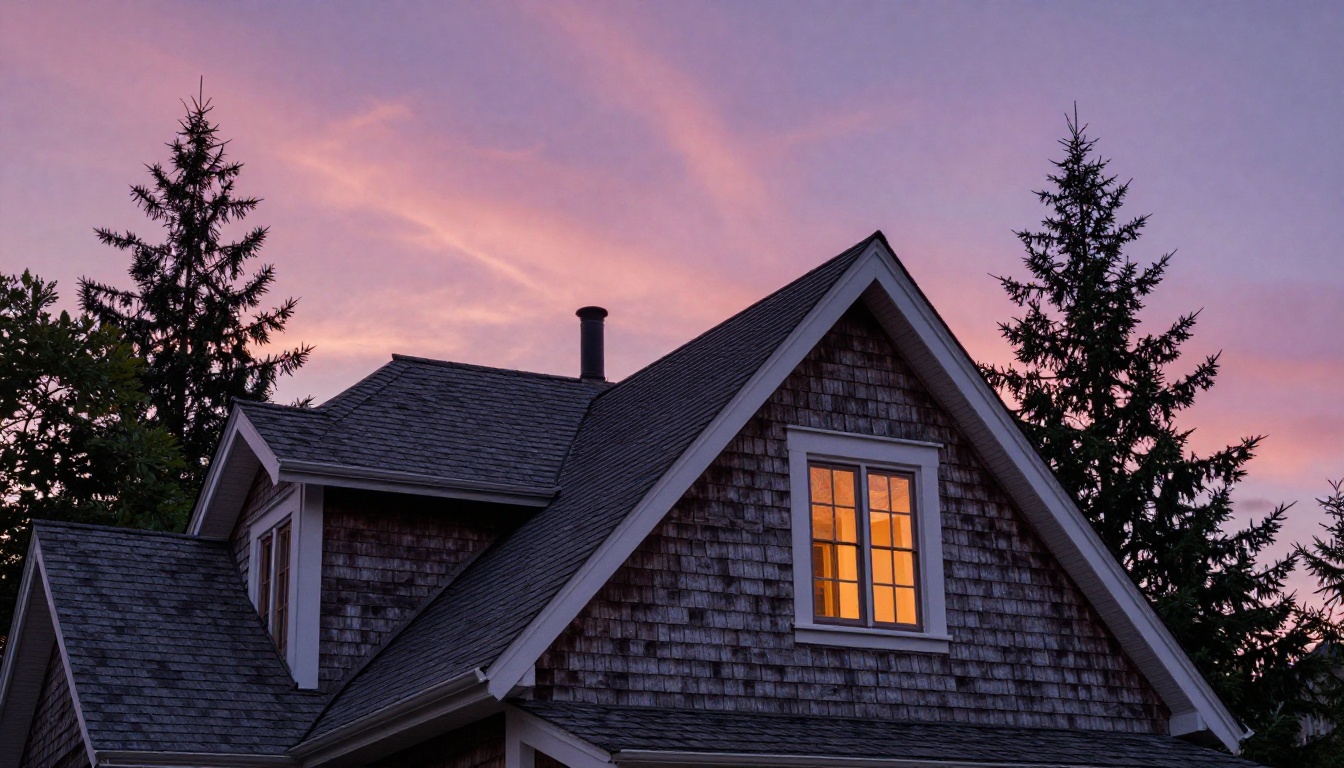 Low-angle view of a craftsman roofline against a pink and violet twilight sky