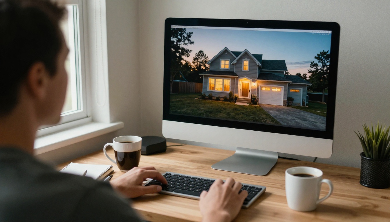 Real estate agent at a desk reviewing a glowing dusk house photo on a large monitor