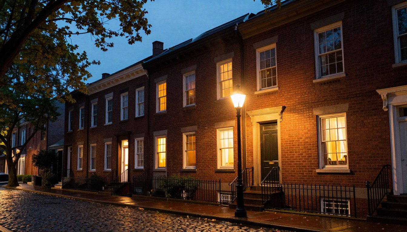 Row of brick townhouses on a city street at dusk with warm entry lights and wet cobblestones