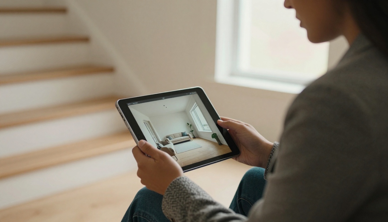 Real estate agent holding a tablet showing a furnished room inside a vacant home Real estate agent holding a tablet showing a furnished room inside a vacant home