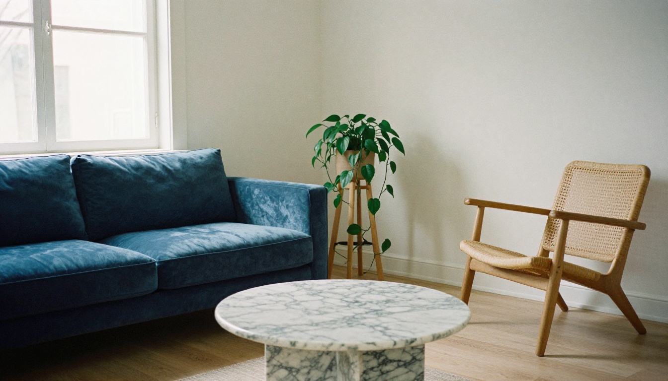 Staged modern living room with a slate blue velvet sofa and marble coffee table Staged modern living room with a slate blue velvet sofa and marble coffee table