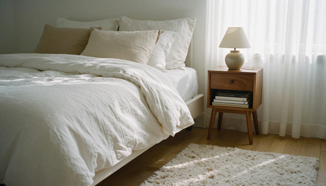 Staged primary bedroom with a white linen bed and morning light through sheer curtains Staged primary bedroom with a white linen bed and morning light through sheer curtains
