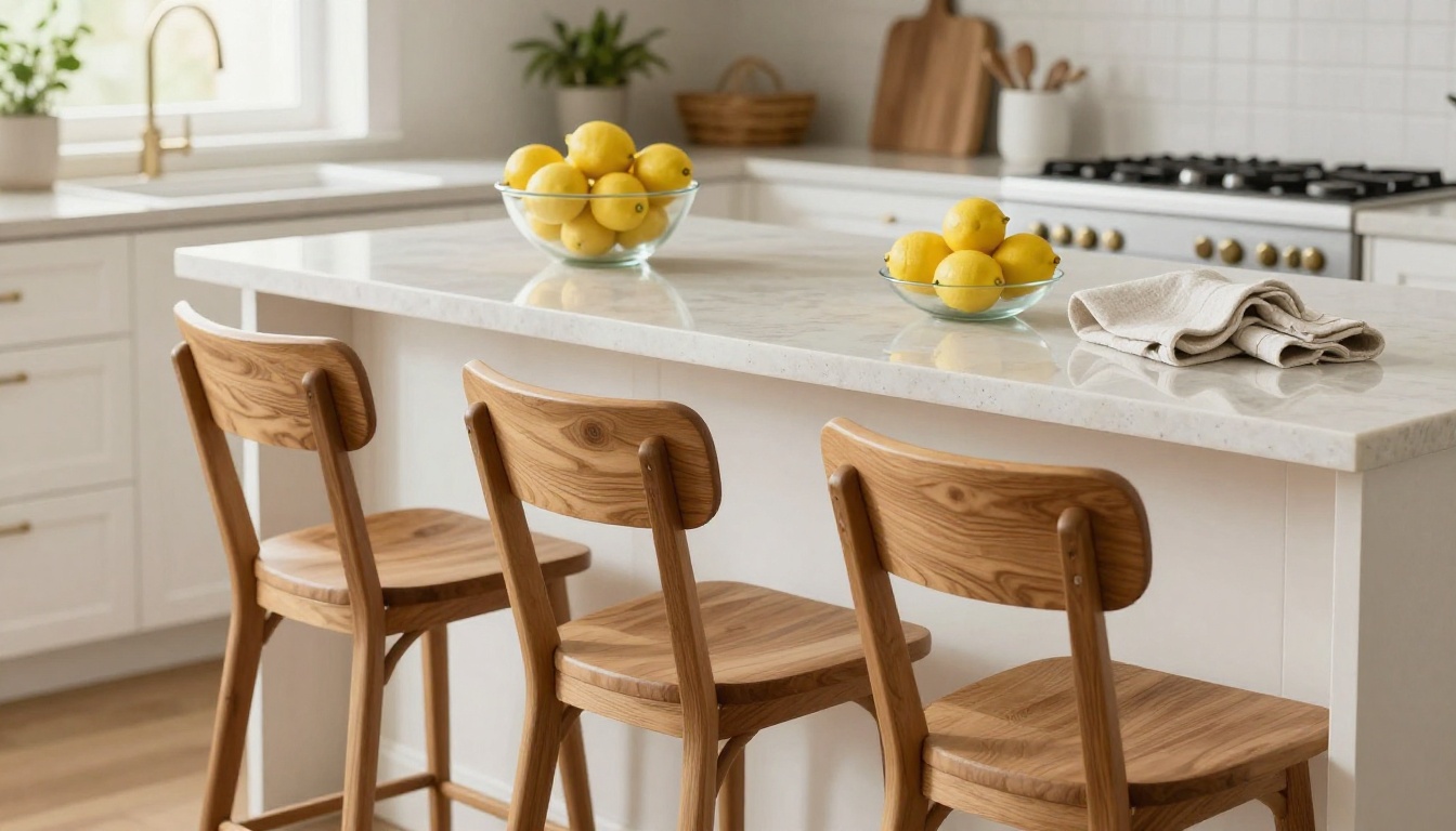 Bright kitchen with a quartz island, bar stools and a bowl of lemons Bright kitchen with a quartz island, bar stools and a bowl of lemons
