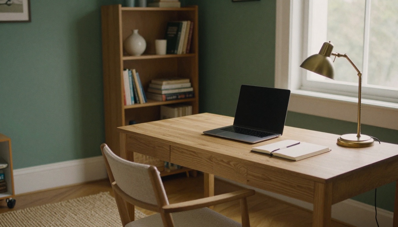 Spare room staged as a home office with an oak desk and a tall bookshelf Spare room staged as a home office with an oak desk and a tall bookshelf