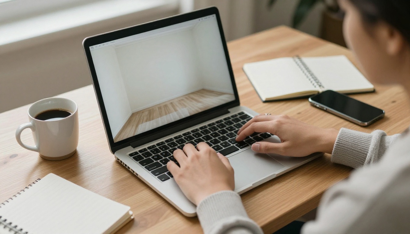 Realtor typing on a laptop with an empty room photo open for editing Realtor typing on a laptop with an empty room photo open for editing