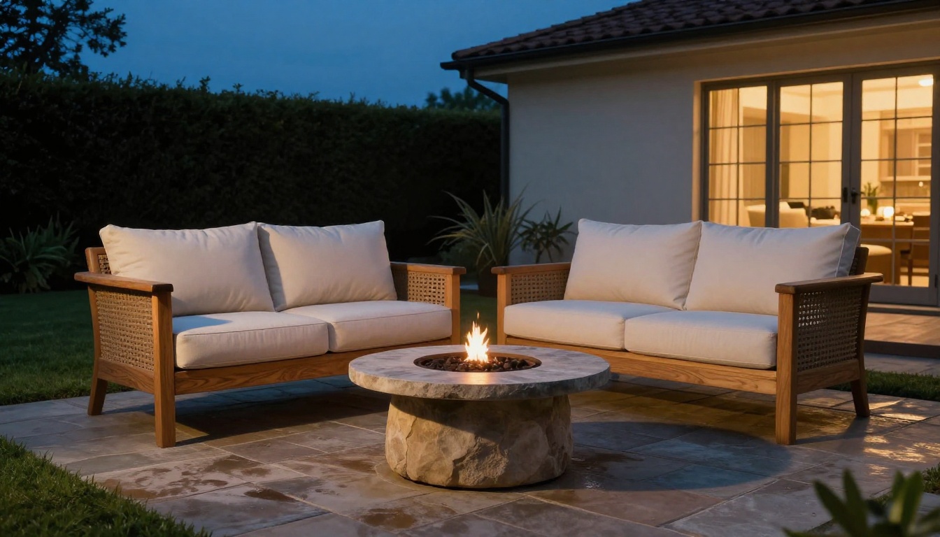 Staged back patio at twilight with a teak outdoor sofa and a stone fire pit table Staged back patio at twilight with a teak outdoor sofa and a stone fire pit table