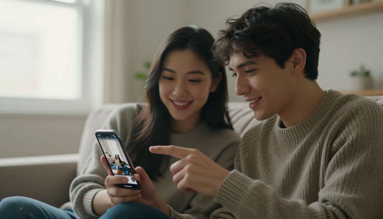 Young couple on a couch looking at a staged listing photo on a smartphone Young couple on a couch looking at a staged listing photo on a smartphone