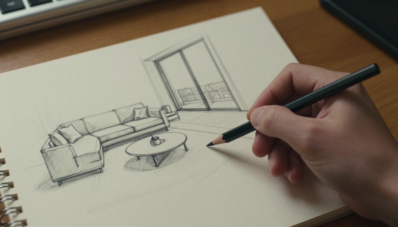 Hand drawing a loose pencil perspective sketch of a modern living room on cream paper