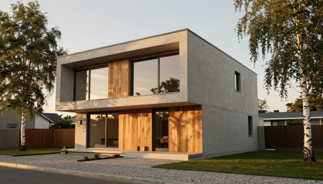 Contemporary two-storey house with a cantilevered upper volume at golden hour
