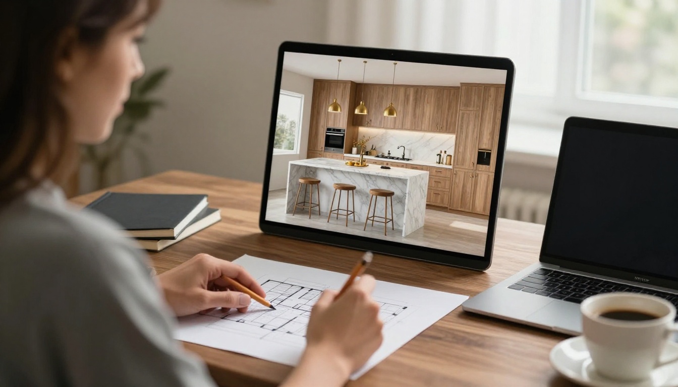 Designer comparing a pencil kitchen sketch with its photorealistic render on a monitor