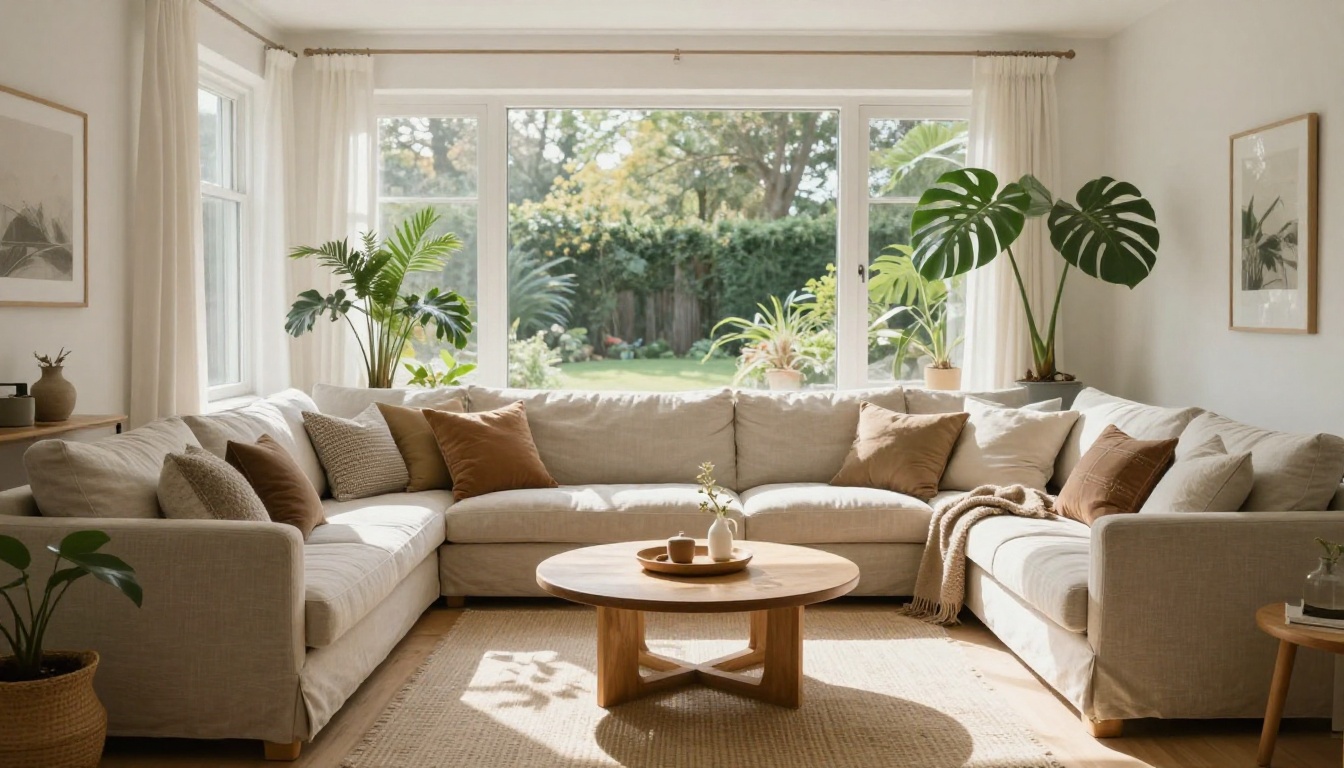 Bright Scandinavian living room with linen sofa, oak coffee table and morning light