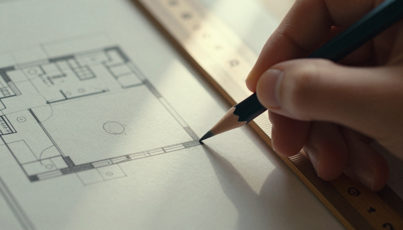 Close-up of a hand tracing a wall line on a printed floor plan with a graphite pencil