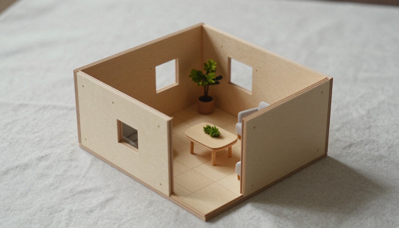 Overhead photo of a handmade balsa wood scale model of a one bedroom apartment with tiny oak furniture