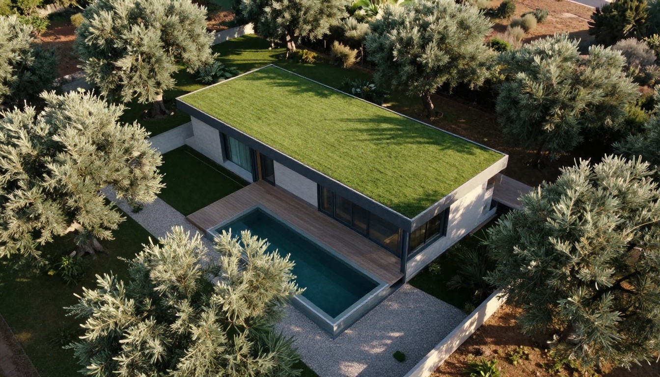 Aerial view of a modern courtyard villa with a green roof, pool and olive trees