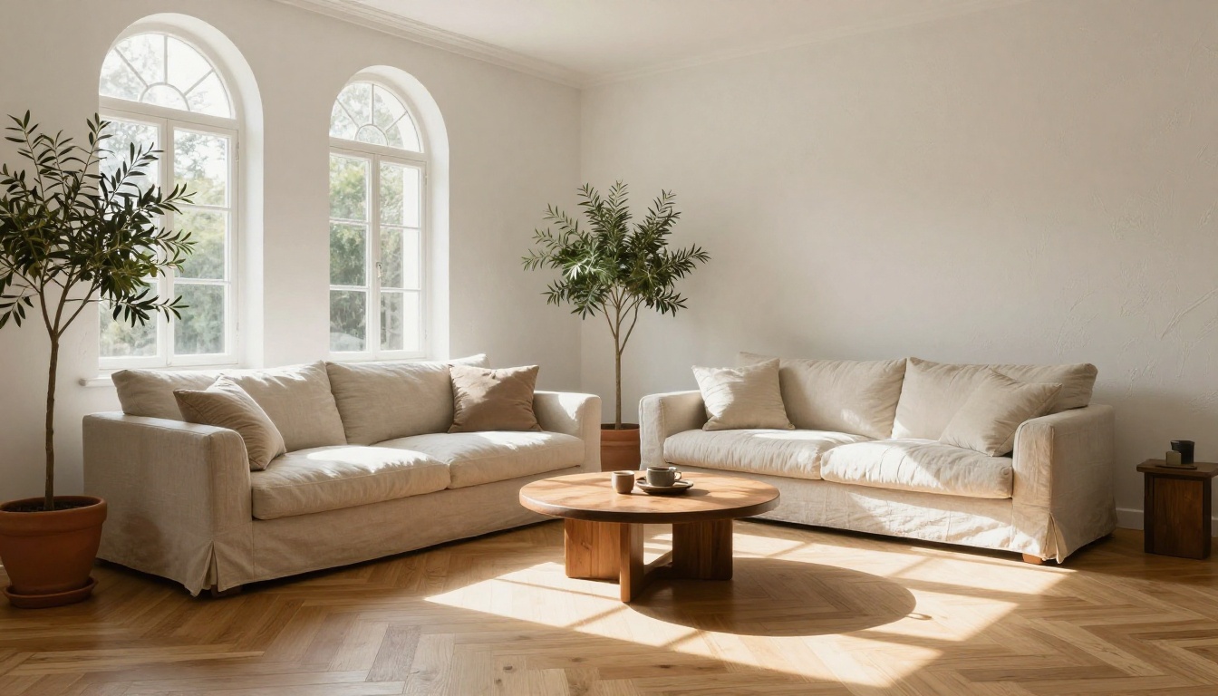 Low angle photo of a finished living room with a linen sofa, herringbone oak floor and arched windows in morning light