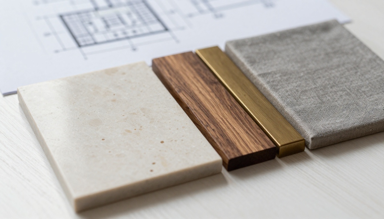 Fanned material samples of travertine, walnut, brass, linen and zellige on an oak table