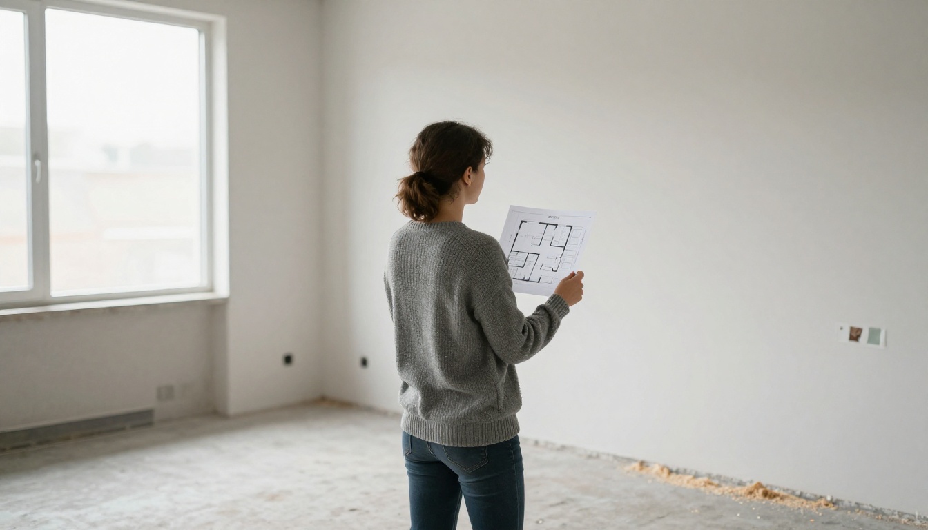 Homeowner in a gray sweater holding a printed floor plan inside an empty room with paint swatches on the wall