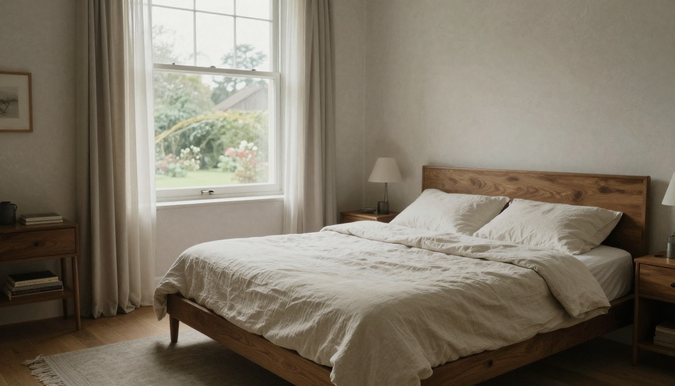 Calm bedroom with plaster feature wall, linen bed and soft overcast daylight