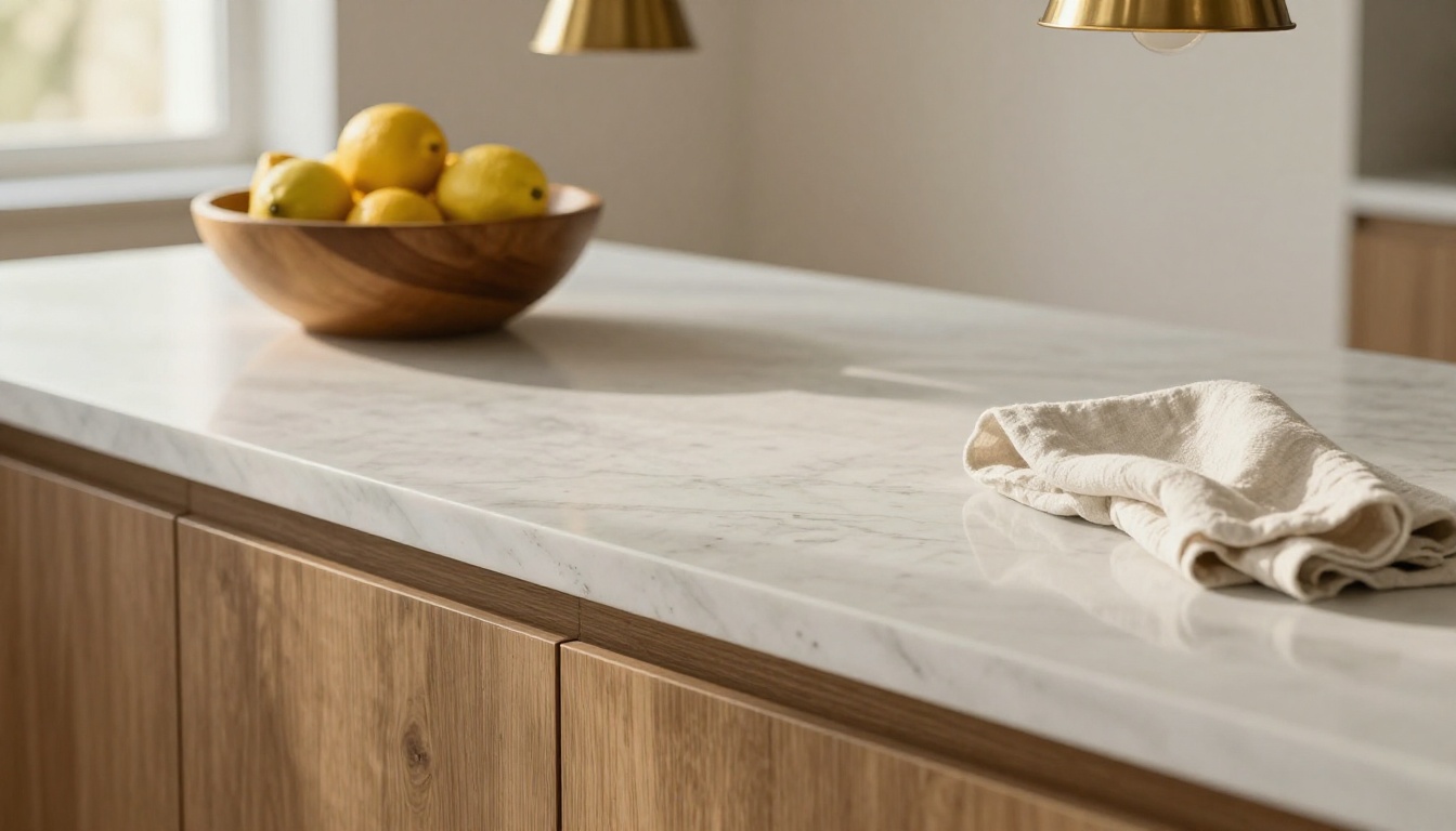 Eye level photo of a kitchen island with a honed white marble top, oak cabinets and a brass pendant lamp