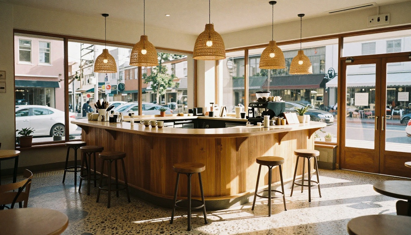 Boutique coffee shop interior with curved oak bar, terrazzo floor and rattan pendant lights