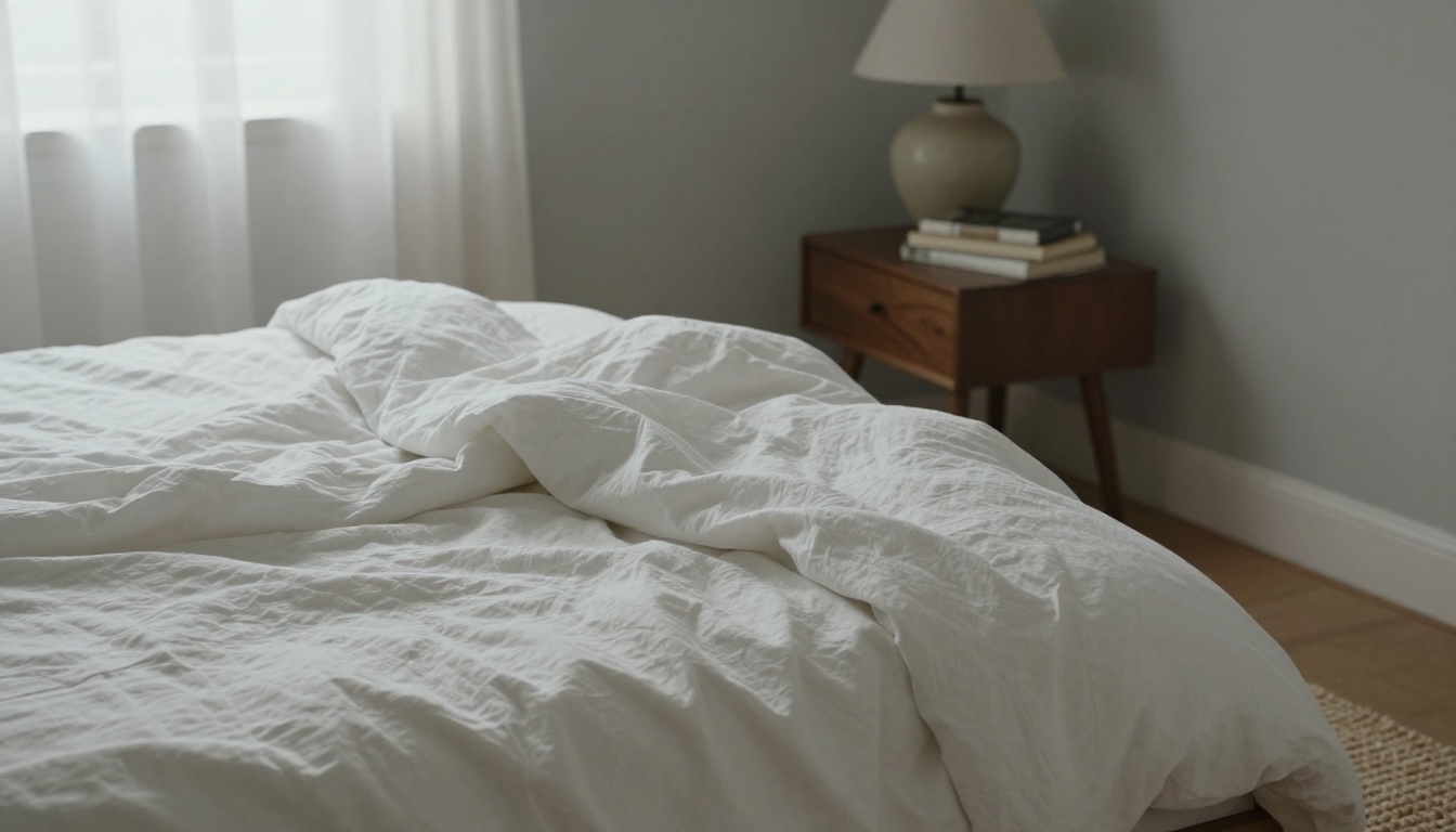 Bedroom photographed from the foot of the bed with white linen, a walnut nightstand and soft morning light