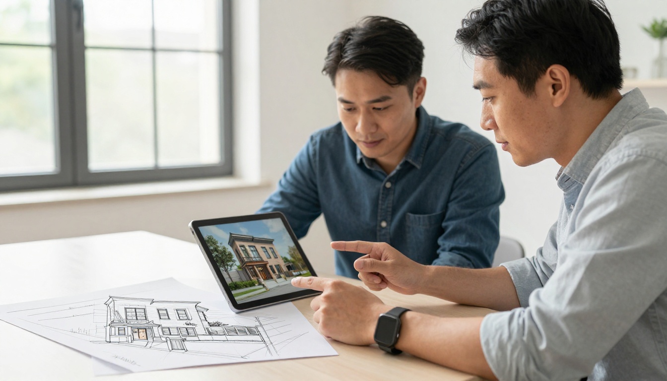 Architect and homeowner reviewing a tablet render of a townhouse facade next to the original pencil elevation
