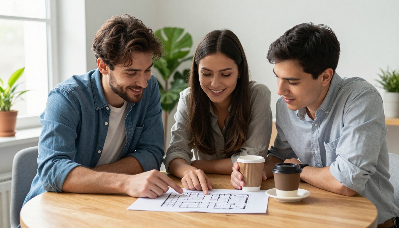 Real estate agent pointing at a printed floor plan while a young couple smiles at a wooden table