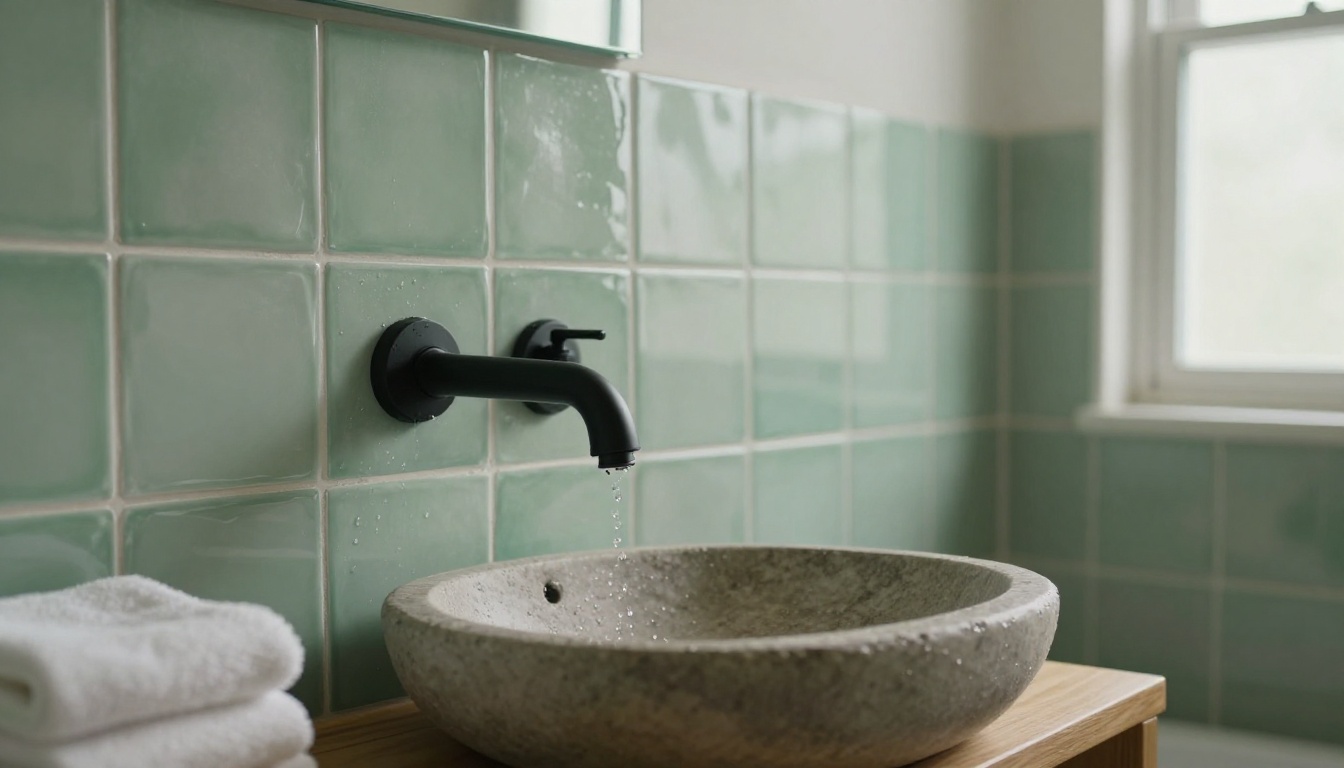 Detail photo of sage green handmade tiles above a stone basin with a matte black faucet