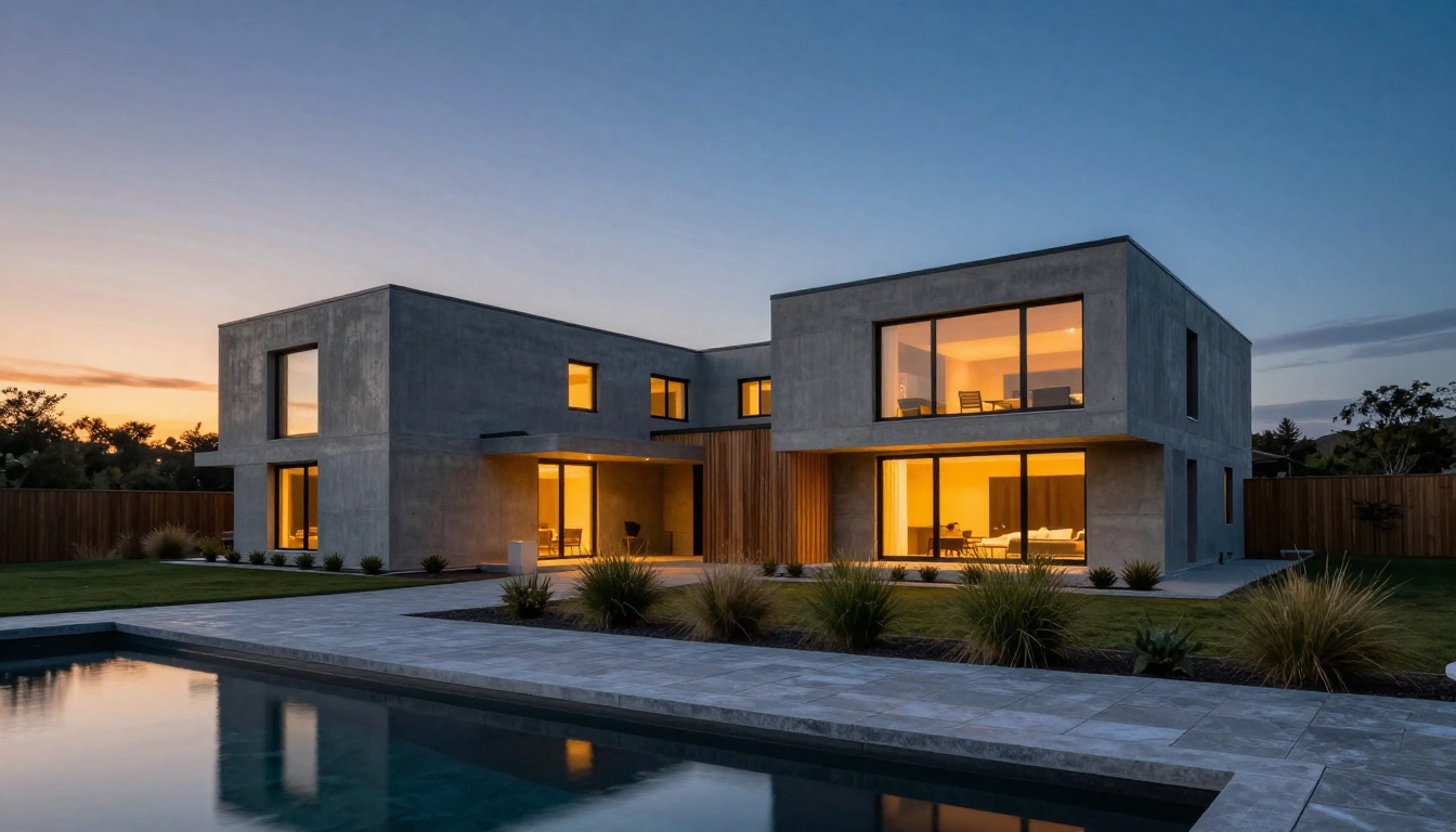 Modern two story house at twilight with warm lit windows, concrete and cedar cladding and a still reflecting pool