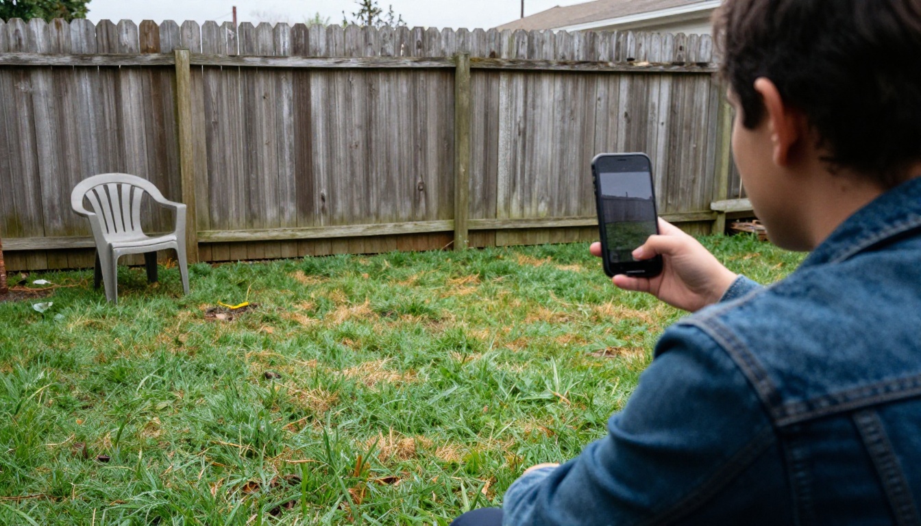 A homeowner in a denim jacket photographing a patchy backyard lawn with a smartphone