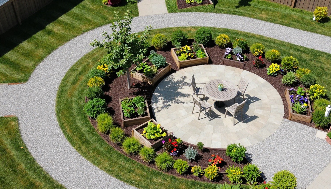 Aerial view of a small finished backyard with raised beds, a gravel path and a round stone patio
