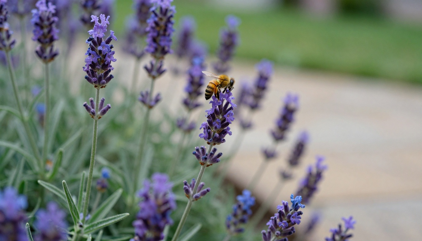 Low-angle view of lavender, blue salvia and ornamental grass with a honeybee on a flower spike
