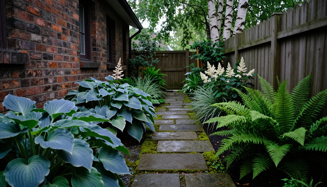 A narrow shady side yard planted with hostas, ferns and astilbe along mossy flagstone steps