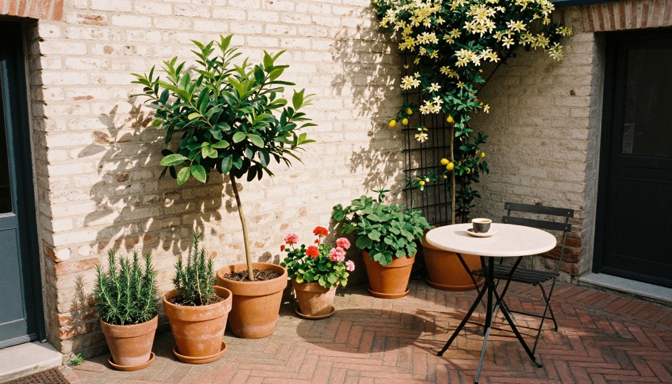 A small whitewashed courtyard garden with terracotta pots, a lemon tree and a bistro table