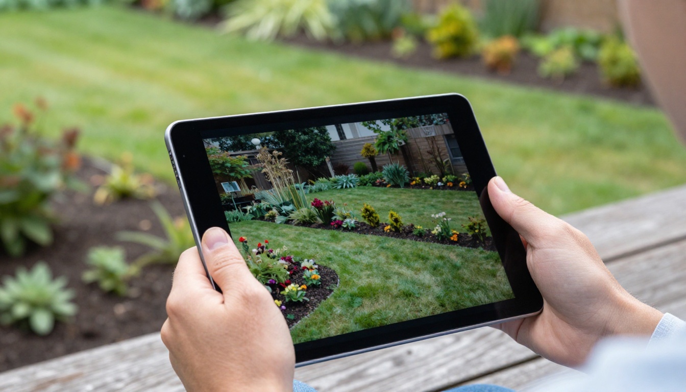 Hands holding a tablet outdoors with a blurred landscaped yard photo on the screen