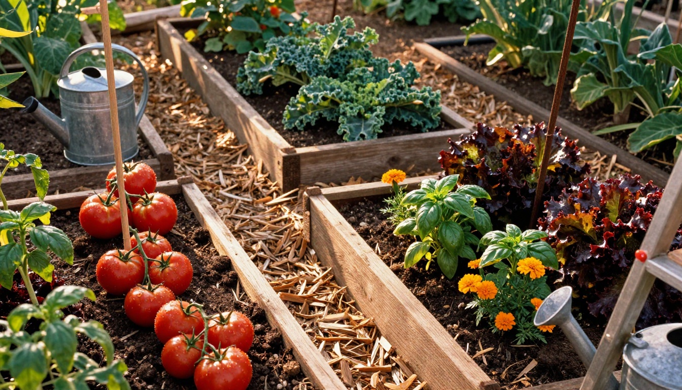 Four cedar raised beds with tomatoes, kale, basil and marigolds in late afternoon sun