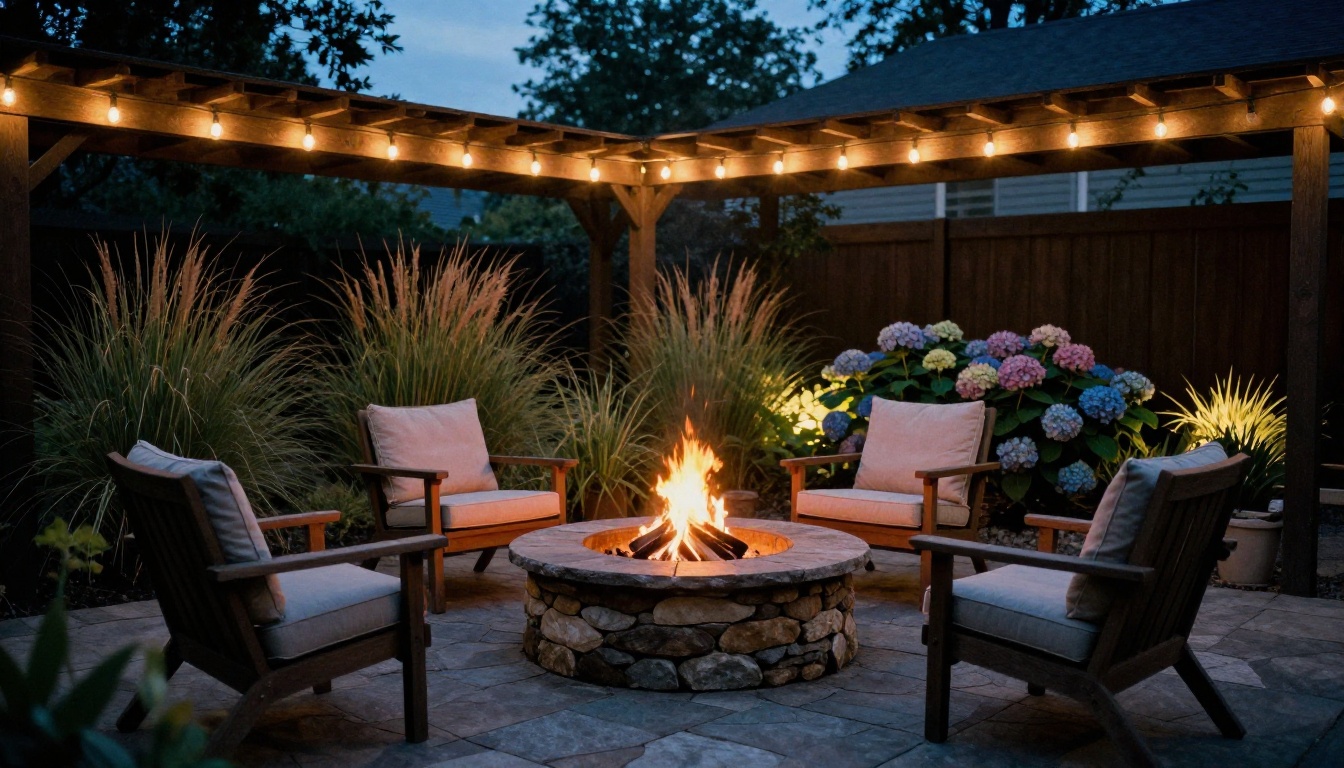 A backyard patio at dusk with a stone fire pit, wooden chairs and warm string lights