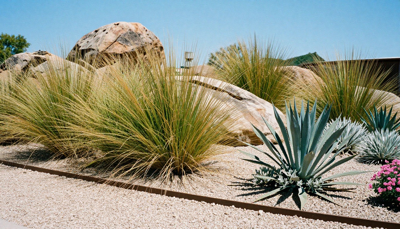 A drought-tolerant garden with boulders, native grasses, sage and agave in pale gravel