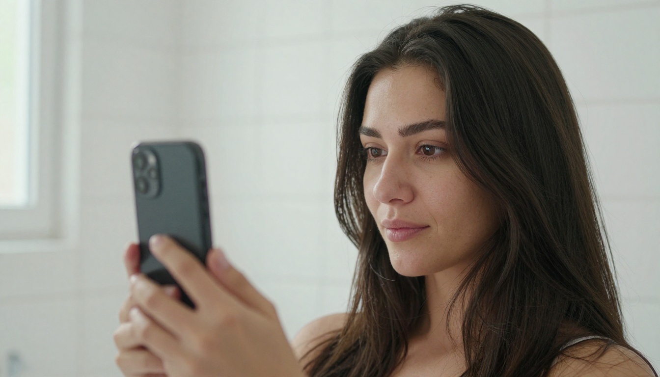 A woman with long dark brown hair tucked behind her ears takes a front-facing selfie beside a bright bathroom window