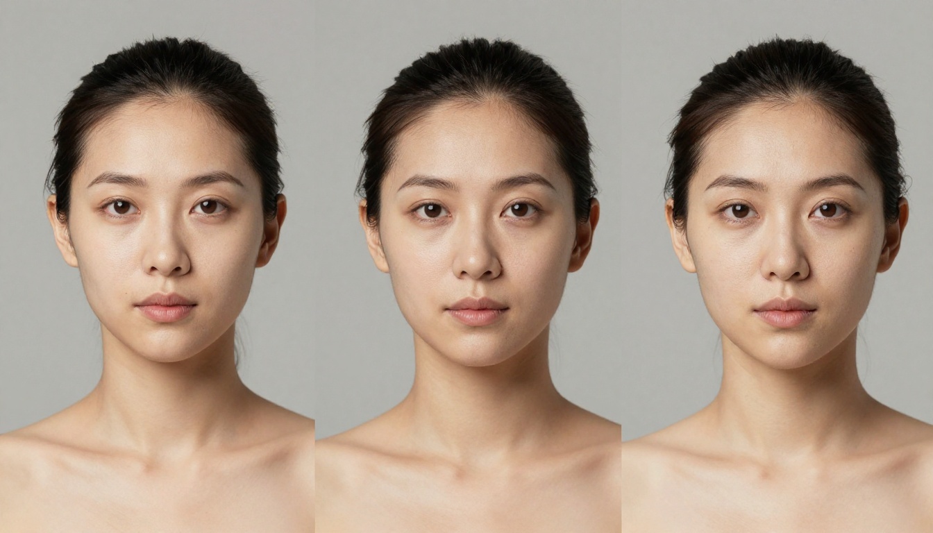 Three women with hair pulled back standing side by side to show oval, round, and square face shapes