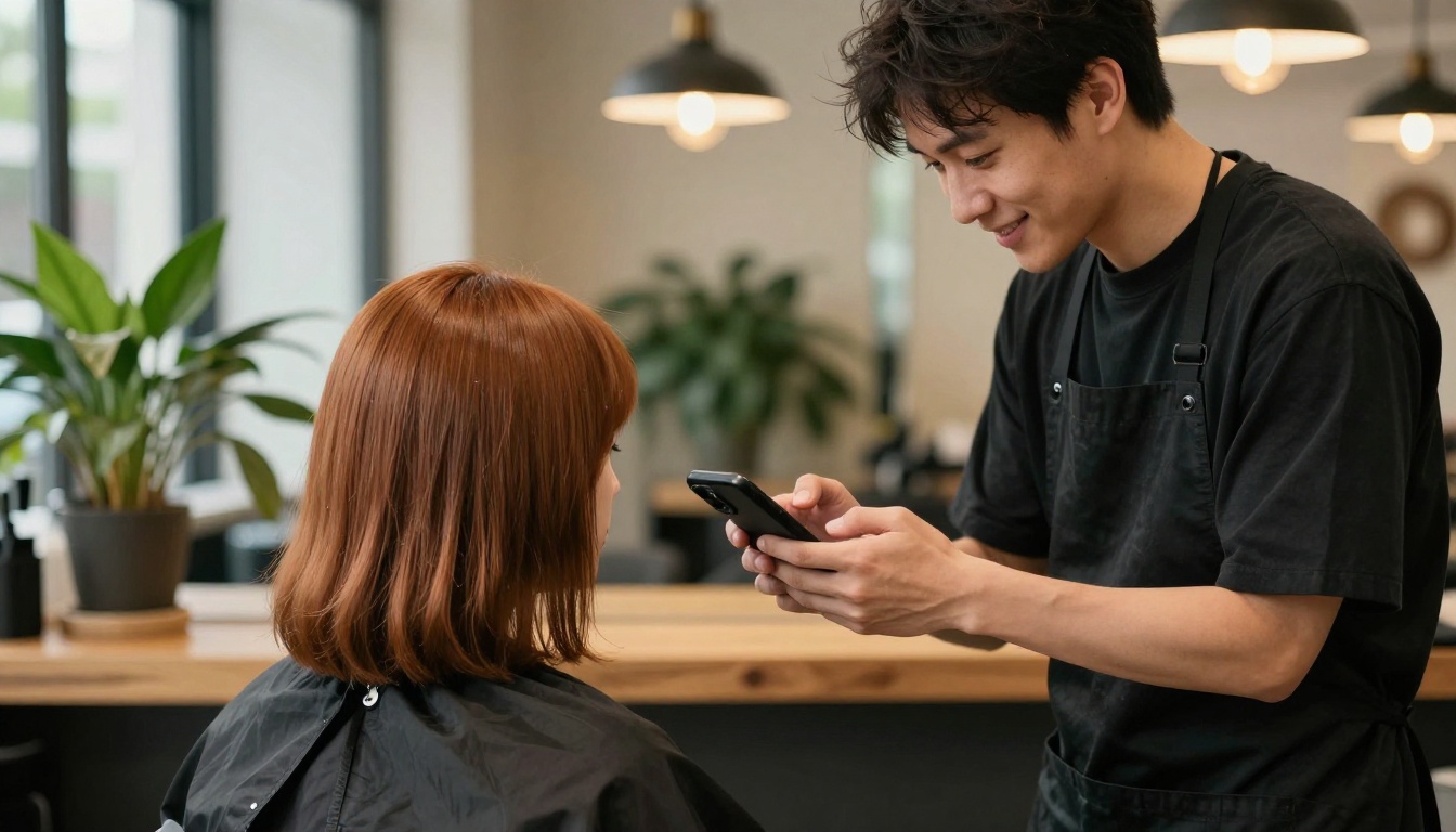 A hairstylist and a client with auburn hair look at a smartphone together in a modern salon