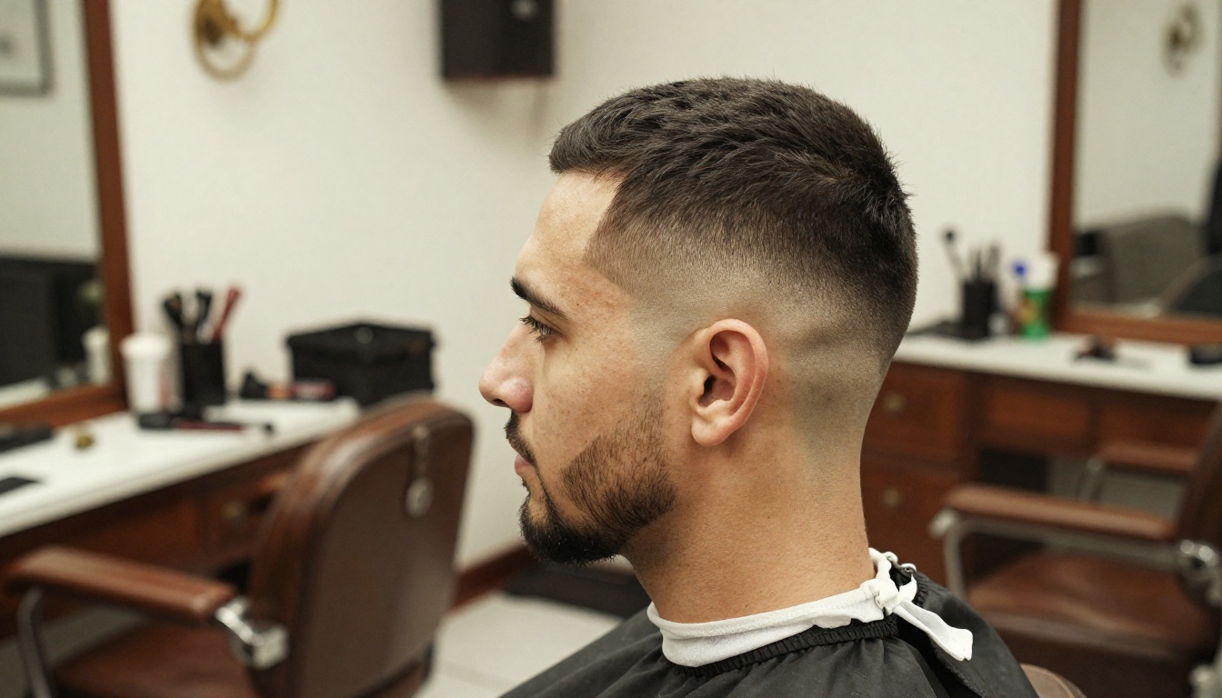 Low-angle side profile of a man with a textured crop and skin fade in a classic barbershop