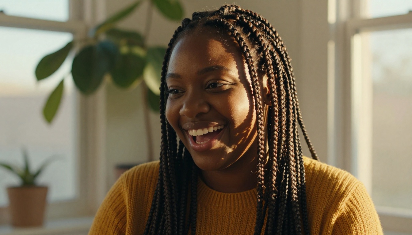 A smiling Black woman with long knotless box braids over one shoulder in a sunlit apartment