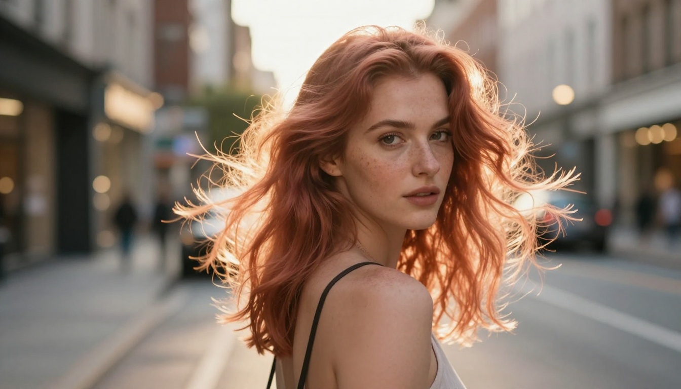 A woman with copper and rose gold wavy hair looking over her shoulder on a city street at golden hour