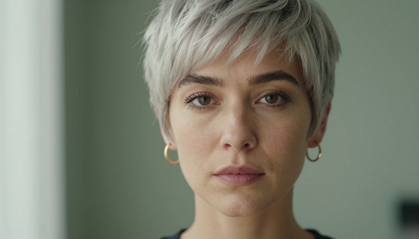 Close-up portrait of a woman with a silver-blonde pixie cut and long side-swept fringe against a sage-green wall