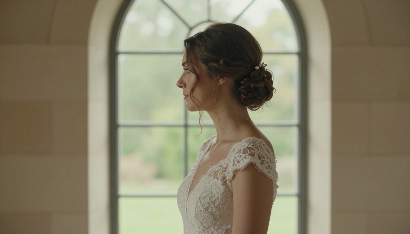 Rear view of a bride with an elegant low chignon and a pearl hairpin standing by an arched window